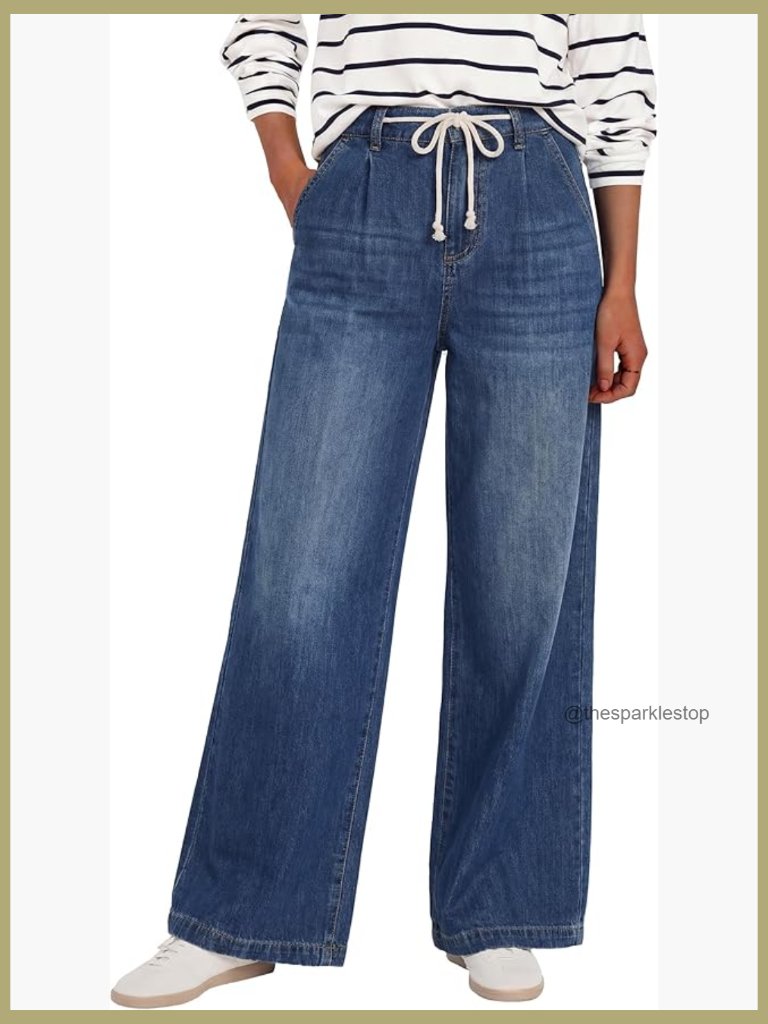 Wide Leg Jeans High Waisted Drawstring Denim Pants Casual Relaxed Fit With